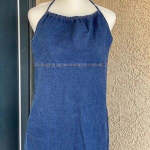 Women’s Denim Open Back Halter Top Dori Usa Midi Dress Zip Up Back Size 1xl
